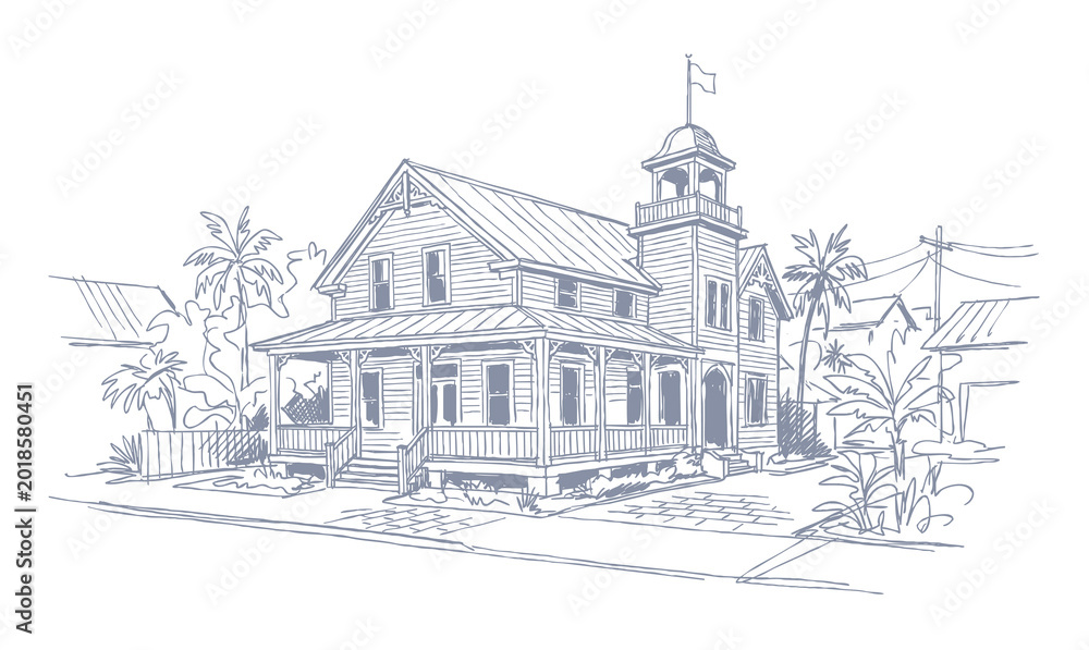 Fototapeta premium Vector line art of a vintage building. Old Building In Key West City.