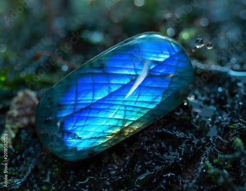 Labradorite Stone on Dark Wet Moss Vivid Blue Labradorescence Macro Photography
