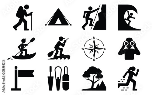 Photography Collection of stylized black silhouette icons representing outdoor adventure and