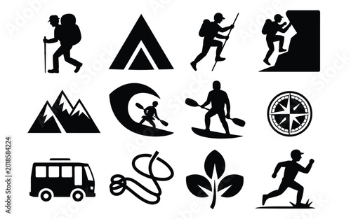 Photography Collection of 12 black silhouette icons representing outdoor adventure and trave