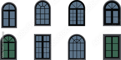 Fotografie Collection of classic arched and rectangular window vector icons with various frame designs and glass panes isolated on a white background