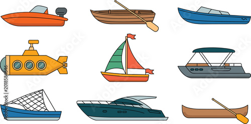 Schilderij op canvas Comprehensive set of watercraft vector illustrations featuring a yellow submarine sailboat yacht motorboat rowboat and luxury cruise ship isolated on white background