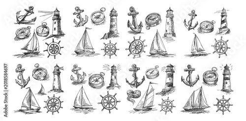 Tablou pe pânză Nautical hand drawn vintage sketches set with anchor lighthouse compass sailboat
