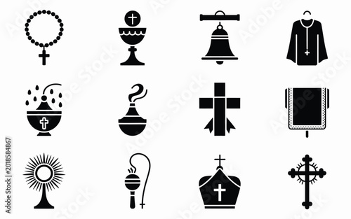 Foto Black and white vector icons of religious symbols including rosary chalice bell