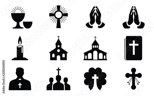 Foto Black and white silhouette icons symbolizing religion and spirituality including