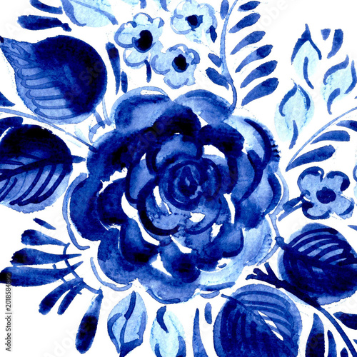 Valokuva Hand drawn watercolor blue floral decor