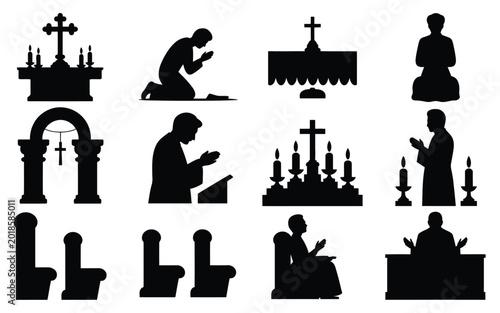 Bilde på lerret Monochromatic silhouettes of religious figures praying and kneeling in a church