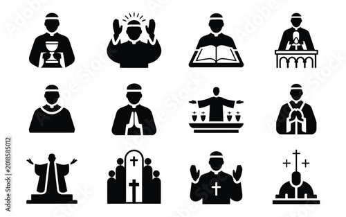 фотографія Black and white illustrations of priests and religious figures in various poses