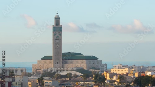 Casablanca, Morocco. Aerial view of Hassan II Mosque in Casablanca, Morocco. Time-lapse from evening to night