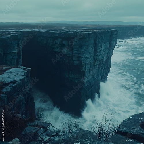 Dramatic ocean waves crashing against cliffs.