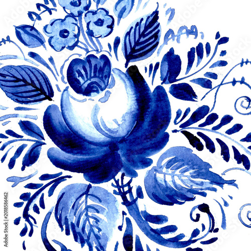 Valokuva Hand drawn watercolor blue floral decor