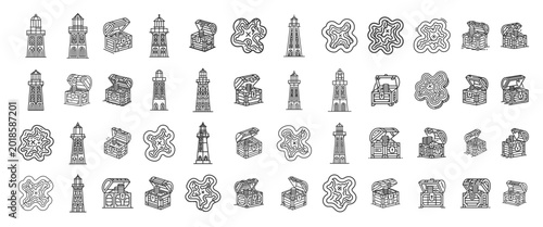 Foto Pirate Treasure Map and Loot Icon Set Featuring Treasure Chests Lighthouses and