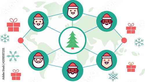Obraz na płótnie Of santa clauses around the connected to a christmas tree