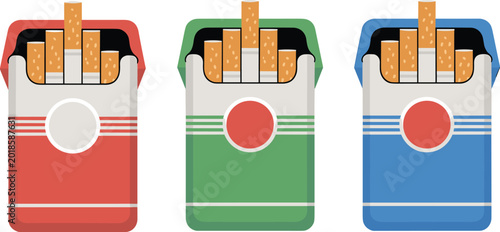 Photos Set of colorful cigarette packs in red green and blue featuring open boxes with realistic tobacco sticks isolated on a white background