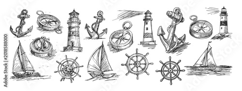 Φωτογραφία Vintage Hand Drawn Maritime Navigation Icons Featuring Sailboats Compass Anchors