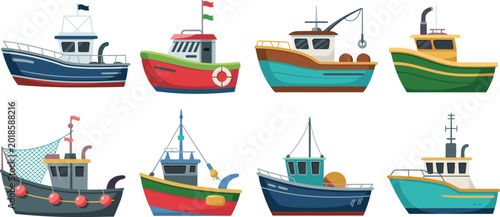 Quadro su tela Set of colorful fishing boat vector illustrations featuring various trawler designs with nets and lifebuoys isolated on white background