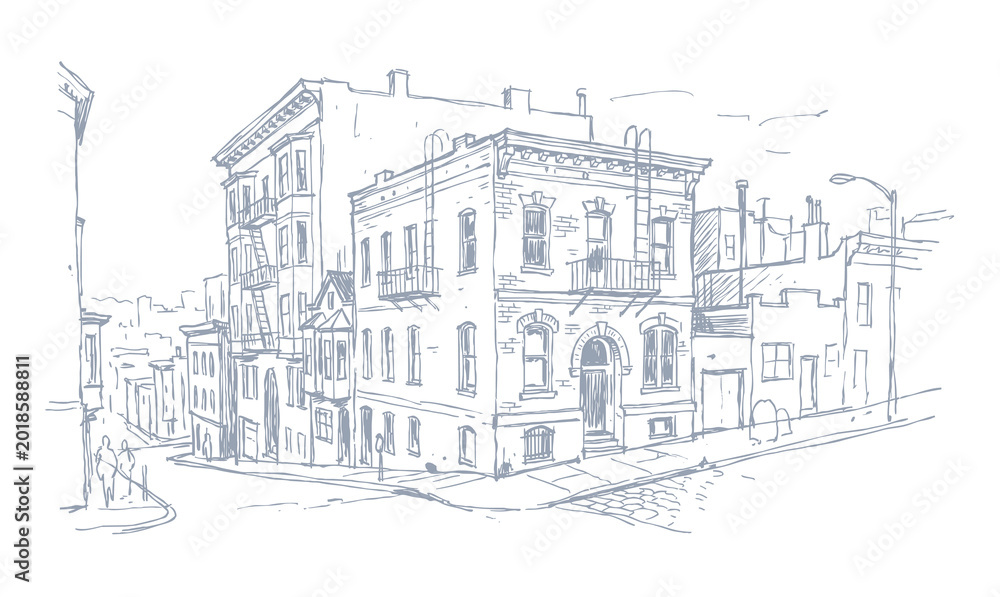 Fototapeta premium Vector line art of a vintage building. Old Building In San Fransisco City.