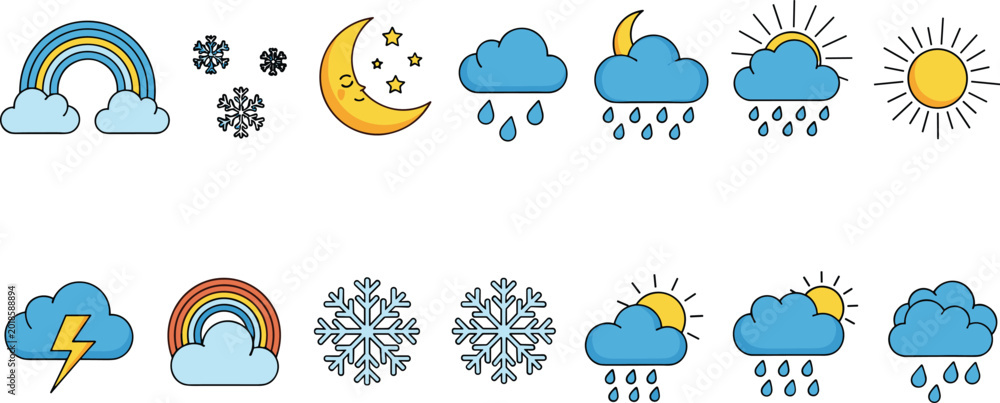 Fototapeta premium Colorful weather icons set with rainbow sun moon clouds rain snow and thunder flat vector illustration collection