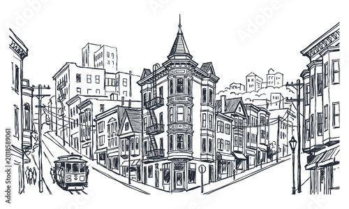 Vector line art of a vintage building. Old Building In San Fransisco City.