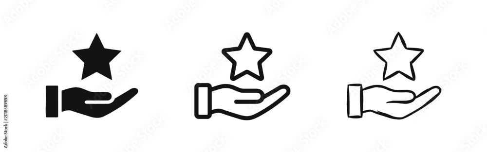 Obraz premium Rating and quality recognition icon set with hand holding a achievement star