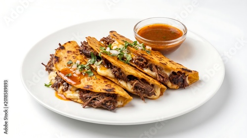 Mexican Quesabirria Tacos on White Plate Isolated, 45-degree angle food photography