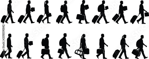 Silhouette of people walking with luggage