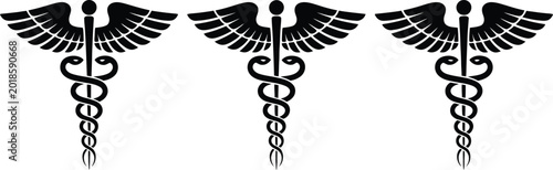 Tableau sur toile Medical, caduceus symbol set featuring three black icons with wings and snakes isolated on a white background representing healthcare, pharmacy, and clinical professionalism in clean vector style