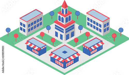 Konstfotografi Isometric icelandic town, independence day celebration, colorful buildings and t