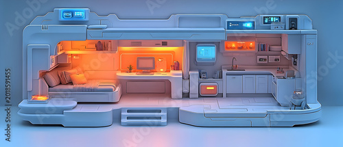 Futuristic laboratory interior with orange lighting.