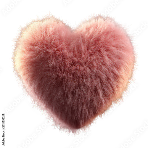 Soft pink furry heart isolated on transparent background : fluffy plush texture for valentine love