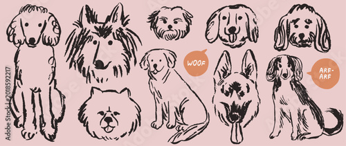 Scribble chalk or charcoal style dogs drawing. Hand drawn rough puppy sketches. Wax crayon grunge funny whimsical cute illustrations for t-shirt print, placard, poster or isolated doodle stickers.