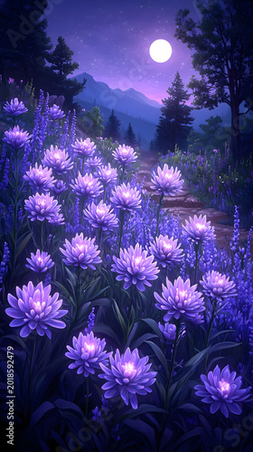 Glowing purple flowers in moonlight landscape.