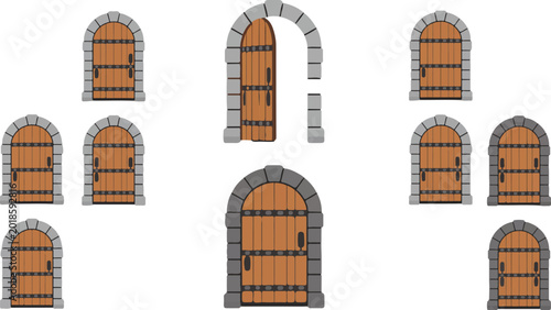 Obraz na płótnie Medieval castle door vector set featuring stone archways and wooden entrances in