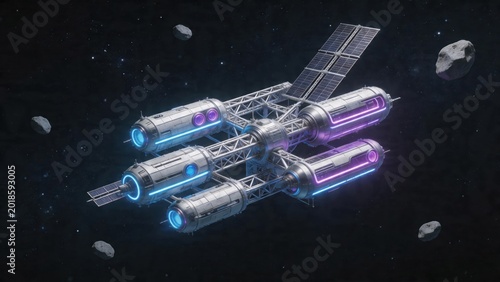 Space station in orbit with asteroids