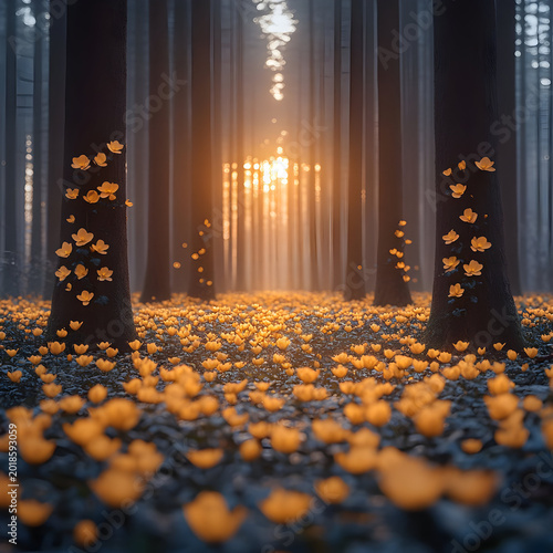 Golden forest with trees and flowers.