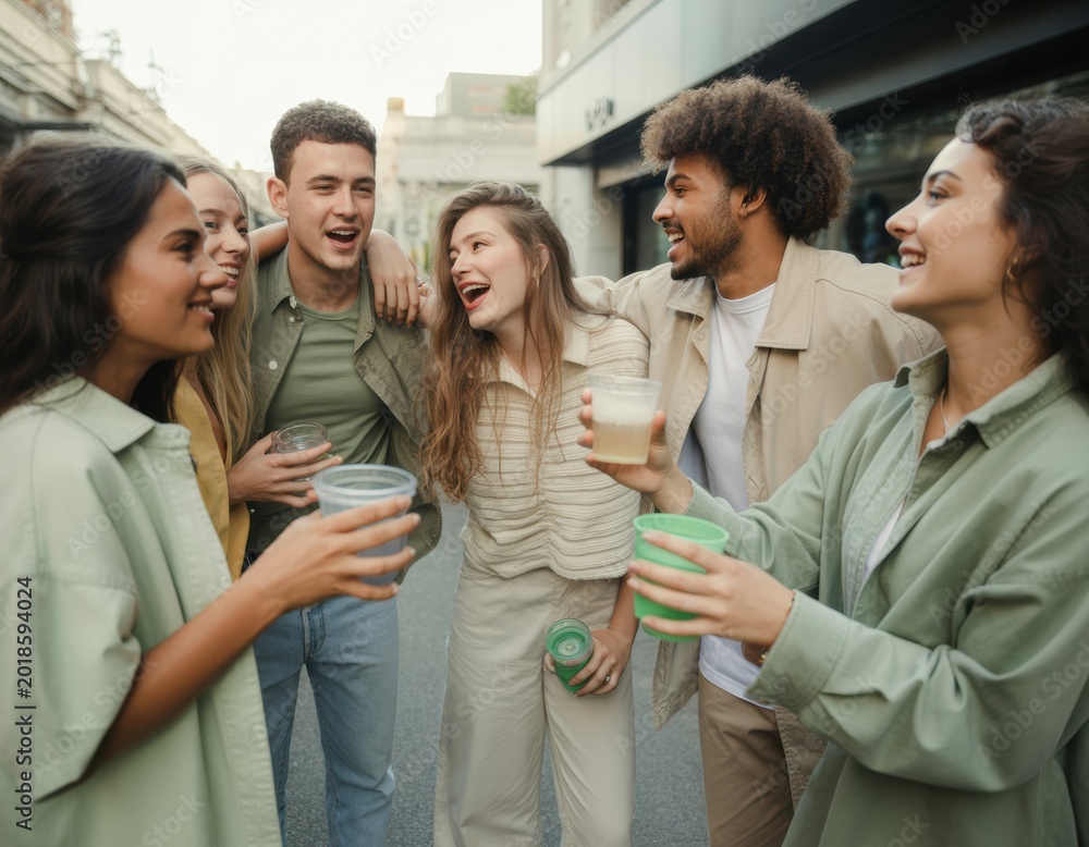 Fototapeta premium Mixed group of diverse young adults socializing outdoors in casual sage green attire for lifestyle advertising, youth community blogs and social event marketing