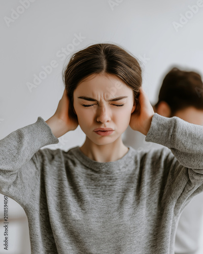 Stressed woman headache ear pain noise frustration indoor casual clothing home interior stressed expression