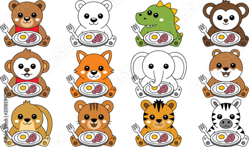 Photography Cute animal characters eating breakfast collection, adorable cartoon zoo animals