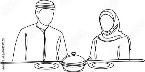 Fotografie Couple, in traditional modest attire sitting at a dining table in minimalist line art style representing shared meal, culture, and togetherness in clean vector illustration
