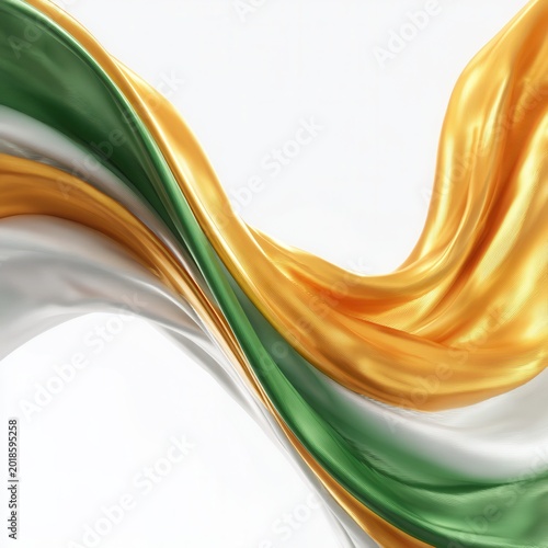 Elegant abstract fabric wave in orange, green, and white colors on a white background.