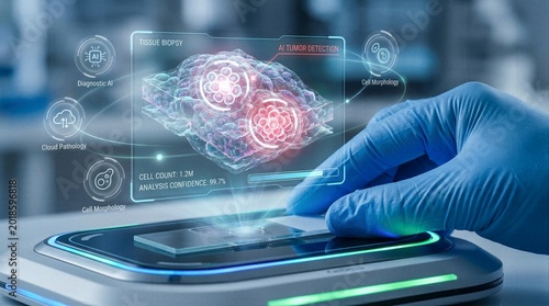 AI tumor detection hologram over tissue biopsy slide in futuristic medical pathology laboratory.