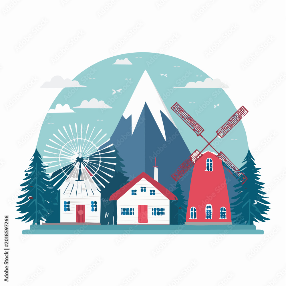 Obraz premium Flat Illustration of Dutch Countryside with Windmills and Mountains