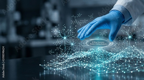 Scientist interacting with AI drug discovery and protein folding analysis hologram in laboratory.