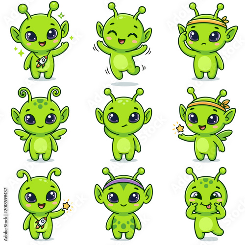 Cute green alien characters show different emotions and activities in a playful scene vector line art cartoon icon set on a transparent background