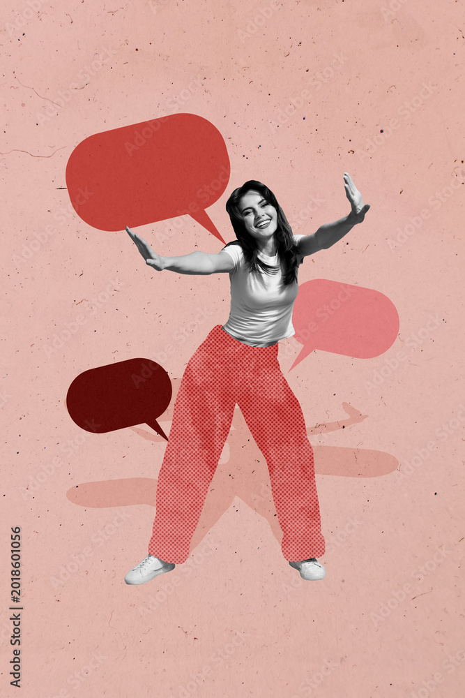 Fototapeta premium Creative 3D photo collage trend artwork template of young lady dance smile party talk chat tag text bubble feedback attractive positive