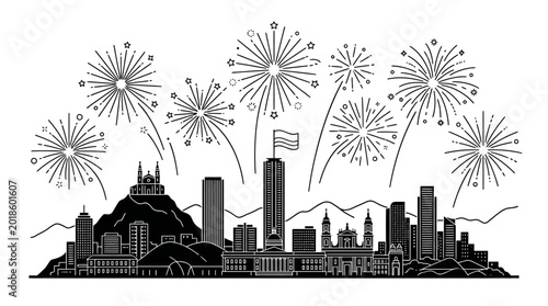 Photos Black and white skyline of Montreal with fireworks illustration.