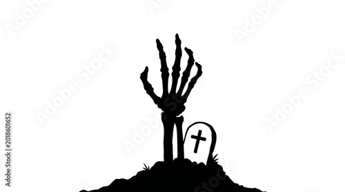 Foto Black silhouette of a skeleton hand emerging from a grave with a tombstone