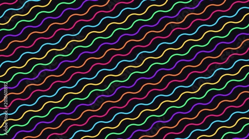 Vibrant colorful wavy lines create a mesmerizing looping animation. This dynamic abstract pattern offers a playful retro background for modern designs.
