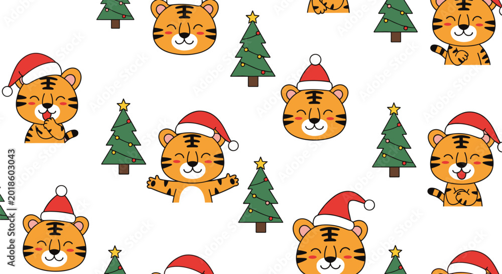 Fototapeta premium Seamless pattern of cute tiger heads wearing Santa hats mixed with green and white decorated christmas trees on a clean white background.