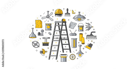 Home Renovation and DIY Repair Tools Icon Set in Circular Composition with Stepladder, Paint Cans, Hard Hat, and Lighting Fixtures for Construction and Maintenance Services
